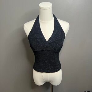 Vintage Byer Too Black and Blue Sparkly Halter Top 90s Y2K